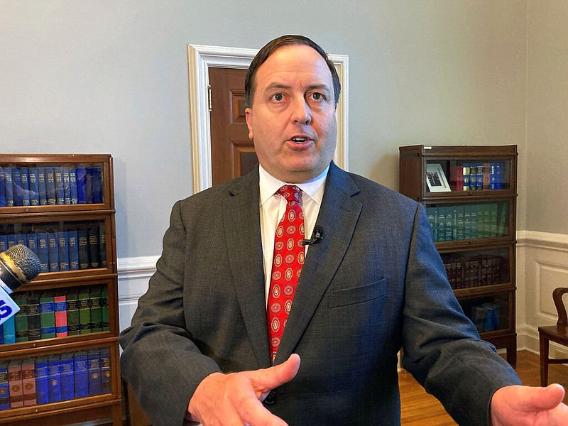 Missouri Secretary of State Jay Ashcroft speaks to reporters on Wednesday, June 29, 2022, at his Capitol office in Jefferson City, Mo. (AP Photo/David A. Lieb)