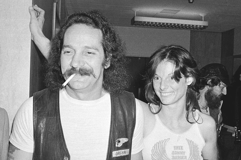 Hells Angels founder Ralph "Sonny" Barger and his then-wife Sharon are shown after his release on $100,000 bond in San Francisco in this Aug. 1, 1980 file photo. Barger's death at age 83 was announced late Wednesday, June 29, 2022, on his Facebook page. (AP/Robert Houston)