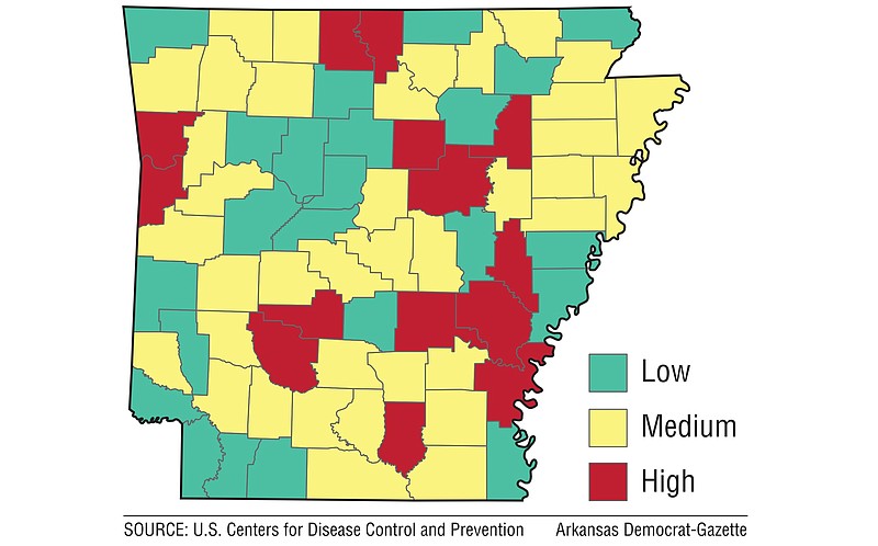 The U.S. Centers for Disease Control and Prevention on Thursday, June 30, 2022, released its weekly assessment of coronavirus levels in counties across the United States. In Arkansas, 14 counties were considered to have "high levels." The CDC determines risk level by assessing local covid-19 data on new cases and hospitalizations.
