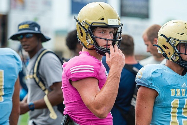 Kel Busby, quarterback for Pulaski Academy, readies to play on Wednesday, June 1, 2022, at a football camp at Smith-Robinson Stadium in Greenwood.