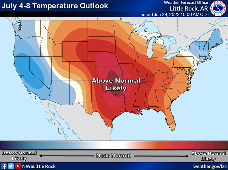 Temperatures are expected to rise again across the state near the holiday weekend, shown here in this graphic from the National Weather Service. (National Weather Service Little Rock/Twitter)