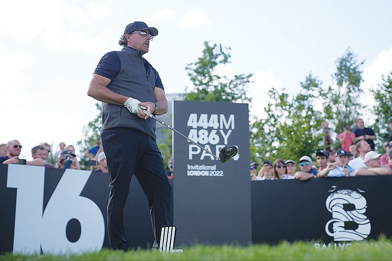 Phil Mickelson waits to play his tee shot on the 16th hole during the final round of the inaugural LIV Golf Invitational earlier this month at the Centurion Club in St. Albans, England. (Associated Press)