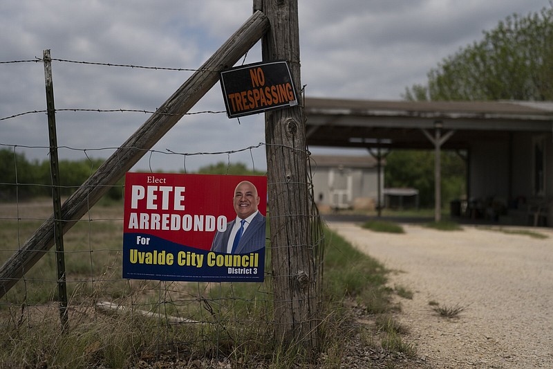 A campaign sign for Pete Arredondo, the chief of police for the Uvalde Consolidated Independent School District, is seen in Uvalde, Texas, on May 30. Arredondo recently stepped down from his position on Uvalde’s City Council.
(AP/Jae C. Hong)