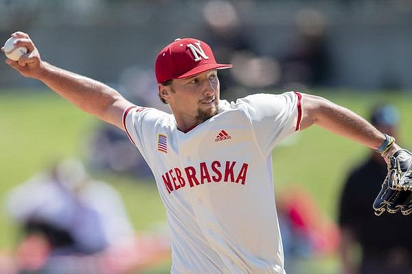 Nebraska pitcher Koty Frank throws during a game against Iowa on Sunday, May 1, 2022, in Lincoln, Neb. (Photo courtesy Nebraska Athletics)