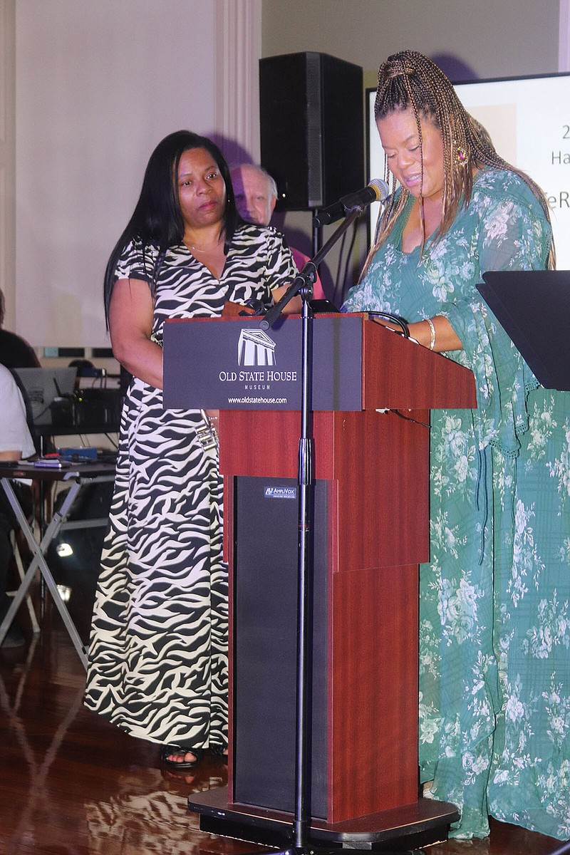 Sherri and Kim Betton represent the late TeRoy Betton at the Arkansas Jazz Hall of Fame induction ceremony, held June 20, 2022, at the Old State House Museum in Little Rock and sponsored by the Arkansas Jazz Heritage Foundation..(Arkansas Democrat-Gazette -- Helaine R. Williams)