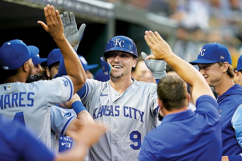 Vinnie Pasquantino of the Royals celebrates his home run in the fourth inning of Friday night’s game against the Tigers in Detroit. (Associated Press)