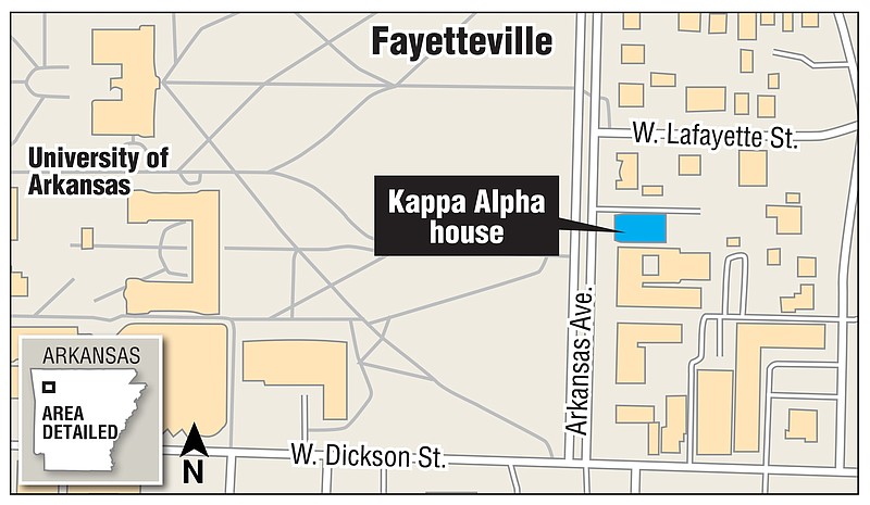 A map shows the location of the Kappa Alpha house on the University of Arkansas, Fayetteville campus. Other buildings visible on the map include Old Main (upper left), Gearhart Hall (center left), Bell Engineering Center (under the North arrow) and John White Jr. Engineering Hall (east of Bell Engineering).