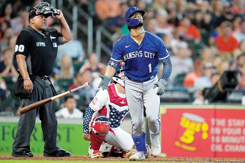 MJ Melendez of the Royals watches his solo home run during the eighth inning of Monday afternoon’s game against the Astros in Houston. (Associated Press)