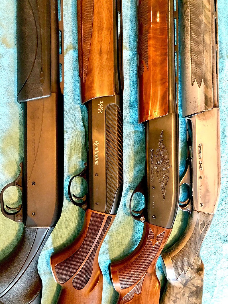 Since 1963, Remington’s family of autoloading shotguns has evolved remarkably. From right is the Model 11-87, Model 1100, 105CTi and the V3.
(Arkansas Democrat-Gazette/Bryan Hendricks)