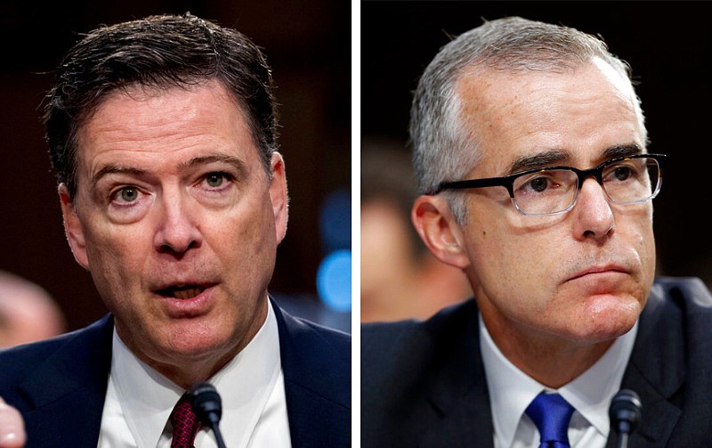 Former FBI director James Comey (left) and the FBI's then-acting director, Andrew McCabe, are shown during Senate Intelligence Committee hearings on Capitol Hill in Washington in these June 2017 file photos. (Left, AP/Andrew Harnik; right, AP/Alex Brandon)