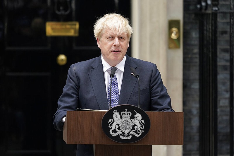 British Prime Minister Boris Johnson speaks to media next to 10 Downing Street in London, Thursday, July 7, 2022. (AP/Alberto Pezzali)