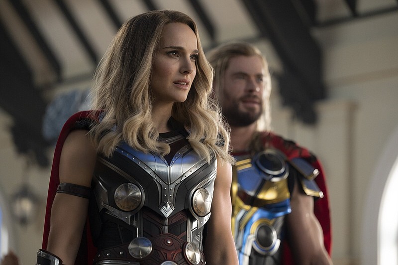 The Mighty Thor, aka Dr. Jane Foster (Natalie Portman) and regular Thor/love interest (Chris Hemsworth) reunite to stop a god-murdering monster with a powerful Necrosword in “Thor: Love and Thunder.”