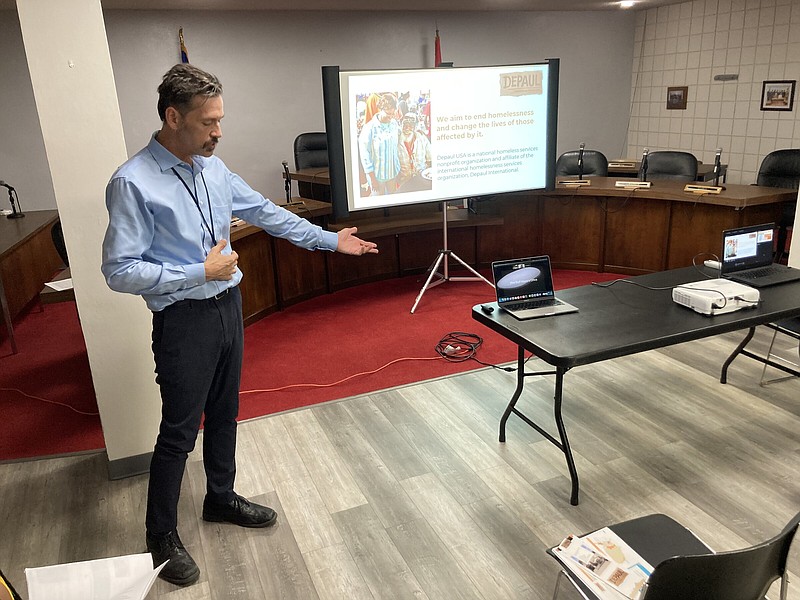 Depaul USA’s James Evans-Hammond, director of Jericho Way in Little Rock, makes a proposal to city officials on Thursday to become the operator for Opportunity House in Pine Bluff. 
(Pine Bluff Commercial/Byron Tate)
