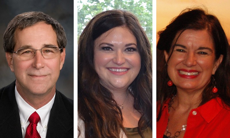 From left, Joe Maynard, Rachel Bunch and Julie Mullenix are shown in these undated file photos. Maynard is a business executive who's one of the organizers/incorporators of the political action committes (PACs) used by Commerce in Action. Bunch is the executive director of the Little Rock-based Arkansas Health Care Association. Mullenix is a lobbyist who speaks for the Arkansas Realtors Association. (Arkansas Democrat-Gazette file photos)