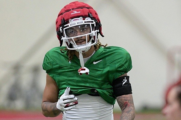 Arkansas receiver Jadon Haselwood, who transferred to the Razorbacks from Oklahoma, is shown during a spring practice on Thursday, April 7, 2022.