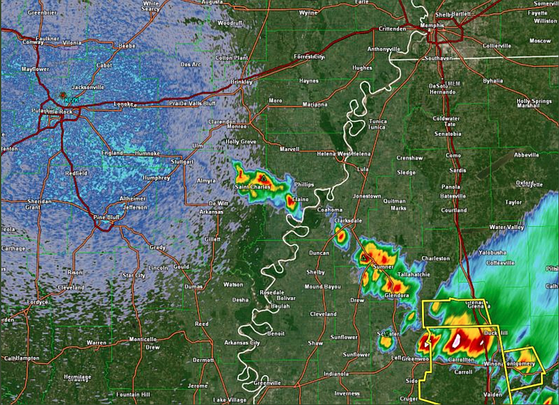 This radar image from the National Weather Service shows a line of thunderstorms is developing from north-central Mississippi into eastern Arkansas, meaning the state could see more storms Wednesday night. (National Weather Service/Twitter)