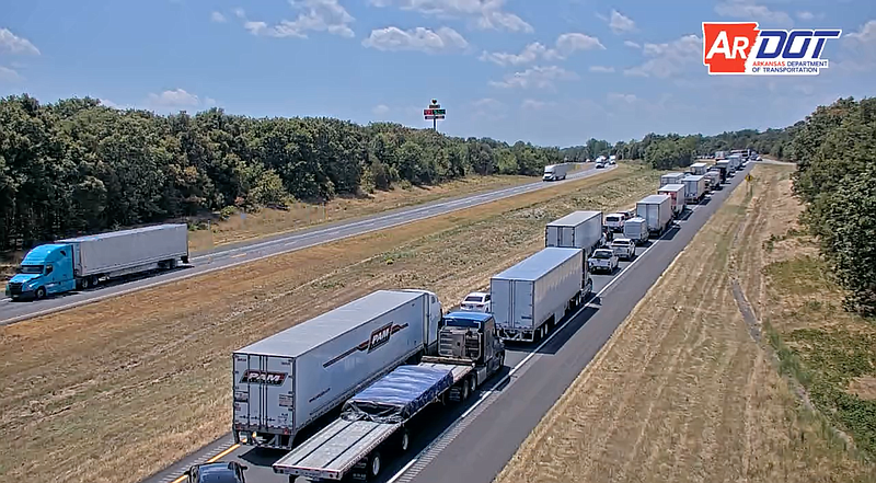 Vehicles are backed up Thursday, July 14, 2022, on westbound Interstate 40 near exit 37 to Ozark after an accident involving multiple tractor-trailers, as seen through an Arkansas Department of Transportation camera. (Courtesy Arkansas Department of Transportation, IDriveArkansas)