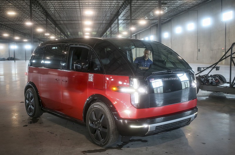 A Canoo Lifestyles vehicle is shown, Friday, May 20, 2022 at the Canoo car manufacturing plant in Bentonville.  (NWA Democrat-Gazette/Charlie Kaijo)