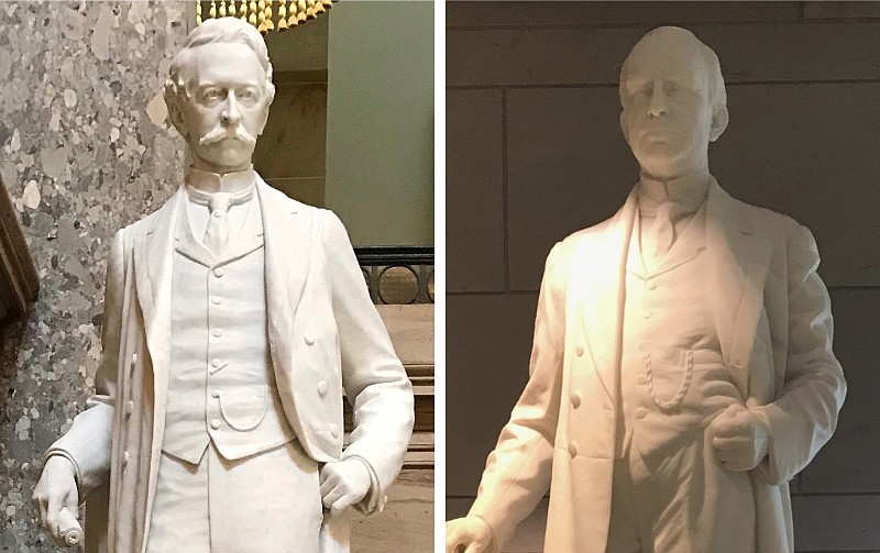 Statues of Uriah Rose (left) and James P. Clarke are shown in Statuary Hall of the U.S. Capitol in Washington in these May 11, 2018 file photos. Rose was a 19th-century Arkansas attorney, and Clarke was an Arkansas governor and a U.S. senator. The figures, which have stood in Statuary Hall for more than a century, will be replaced by statues of civil-rights leader Daisy Gatson Bates and musician Johnny Cash. (AP/Andrew DeMillo)