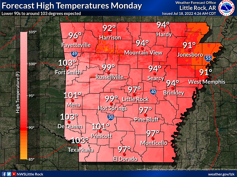 This graphic from the National Weather Service shows the high temperatures expected for Monday. (National Weather Service/Twitter)