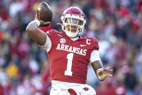 Arkansas quarterback KJ Jefferson passes the ball on Friday, Nov. 26 2021, during the first half of play at Reynolds Razorback Stadium, Fayetteville.