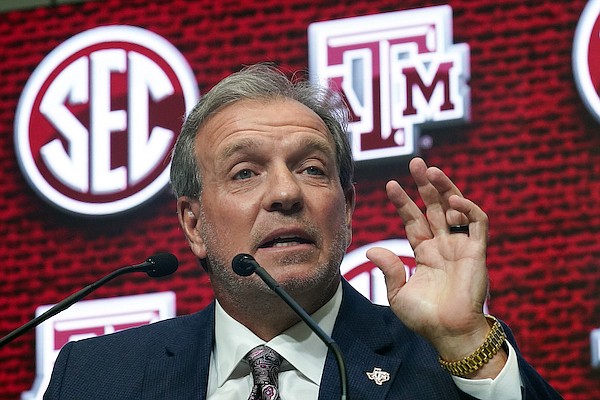 Texas A&M head coach Jimbo Fisher speaks during NCAA college football Southeastern Conference Media Days, Thursday, July 21, 2022, in Atlanta. (AP Photo/John Bazemore)