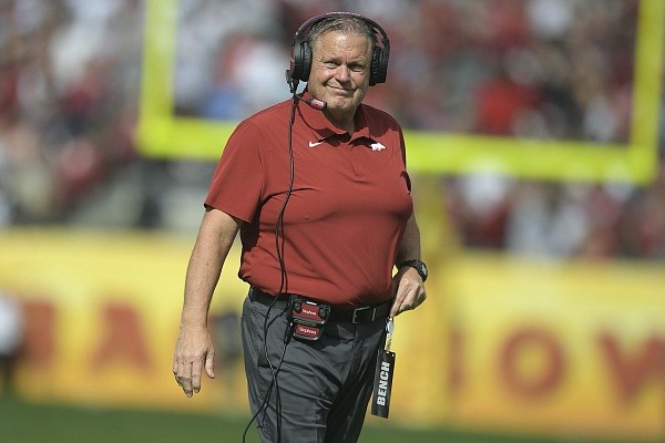 Arkansas coach Sam Pittman reacts after a score during the first quarter of Arkansas' 24-10 win in the Outback Bowl at Raymond James Stadium in Tampa, Fla., on Jan. 1, 2022.