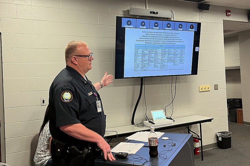 Maj. Casey Clark, who leads Little Rock police's Northwest Patrol Division, talks during a quarterly meeting Thursday at the division's Kanis Road headquarters about criminal activity in that part of the city and his officers' efforts to reduce it..(Arkansas Democrat-Gazette/Grant Lancaster)