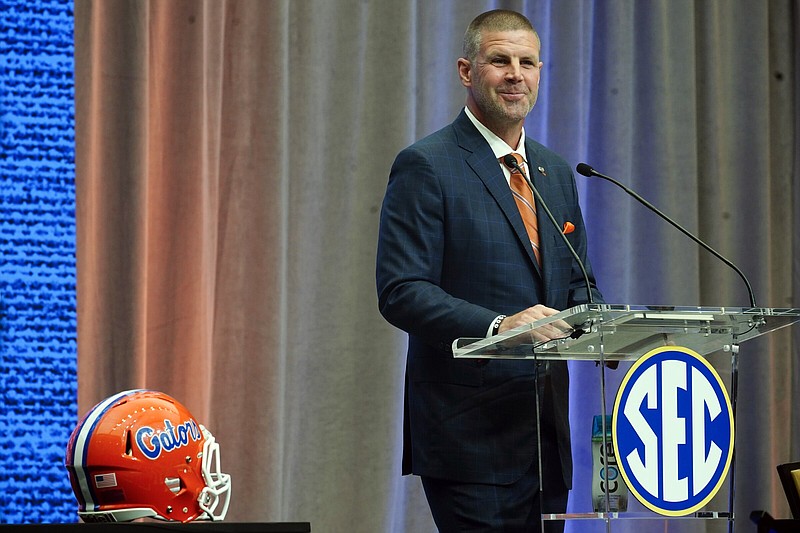 Florida head coach Billy Napier speaks during an NCAA college football news conference at the Southeastern Conference Media Days, Wednesday, July 20, 2022, in Atlanta. (AP Photo/John Bazemore)