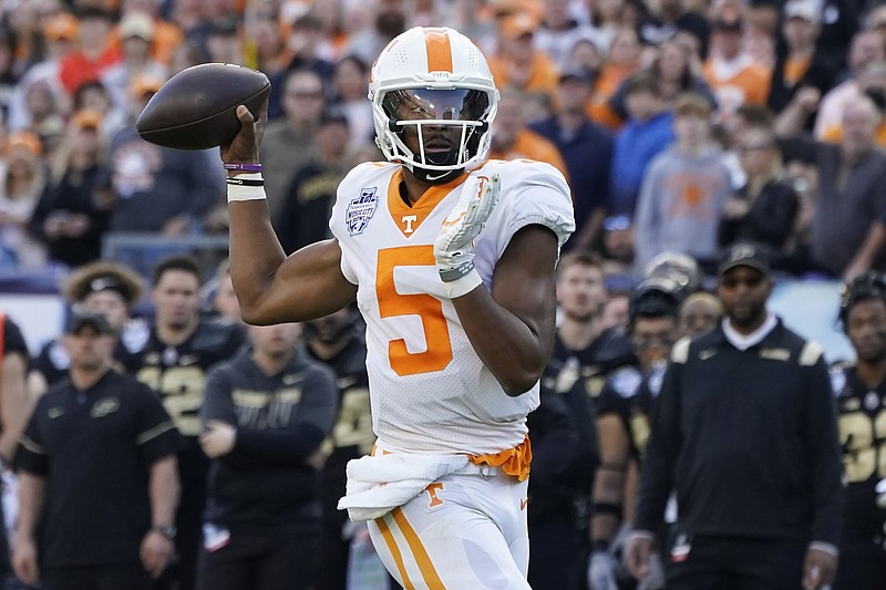 Quarterback Hendon Hooker returns for Tennessee, which looks to improve on its seven-win season in 2021 that ended with a loss to Purdue in the Music City Bowl at Nashville, Tenn.
(AP/Mark Humphrey)