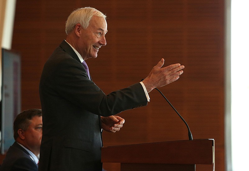 Gov. Asa Hutchinson addresses a meeting of the Rotary Club at the William J. Clinton Presidential Library and Museum on Tuesday, July 26, 2022. (Arkansas Democrat-Gazette/Colin Murphey)