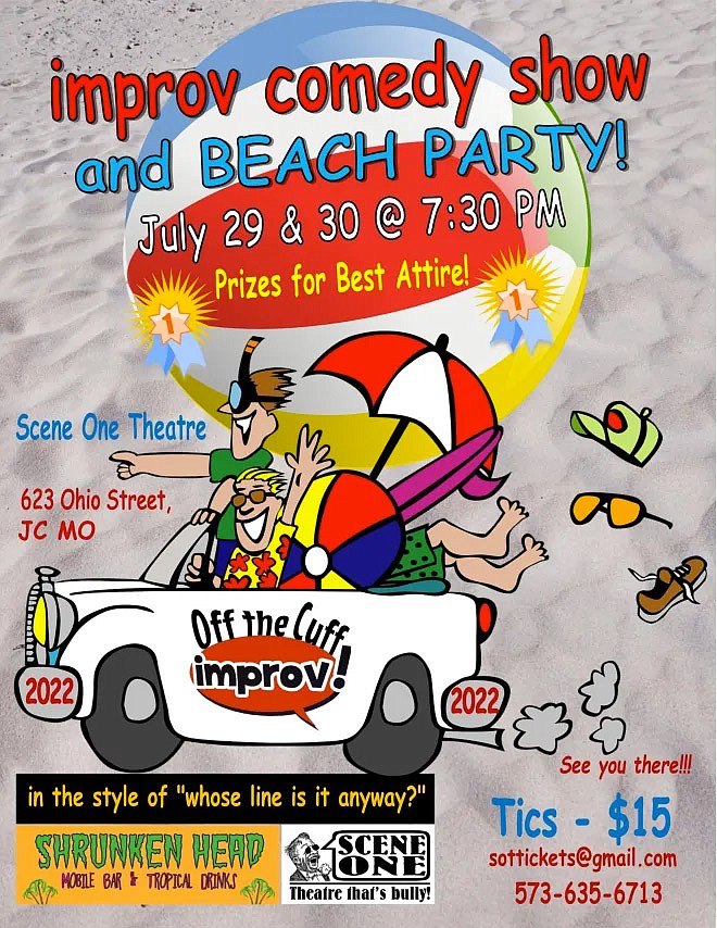 Scene One Theatre poster for the Improv Comedy Show and Beach Party on July 29-30, 2022.