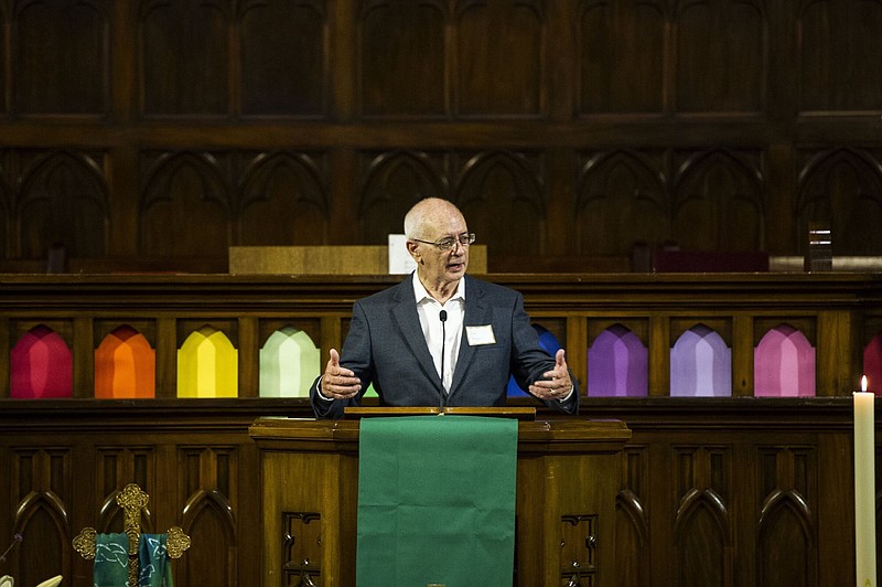 After preaching via Zoom for 11 months, Quapaw Quarter United Methodist Church Pastor Kurt Boggan was finally able to deliver an in-peson sermon to his Little Rock congregation on Sunday, June 6, 2021. Boggan, 67, died July 20.
(Arkansas Democrat-Gazette/Stephen Swofford)