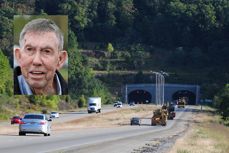 Bobby Hopper (inset) is shown in an April 15, 2015 file photo, along with the Bobby Hopper Tunnel, shown in an Oct. 16, 2014 file photo. The tunnel is named after the longtime Arkansas highway commissioner, who died Friday, July 29, 2022. (NWA Democrat-Gazette file photos)