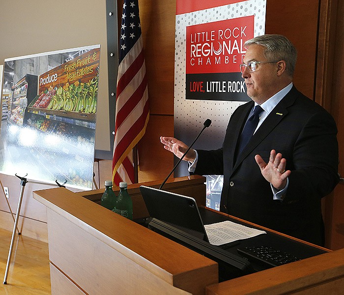 Steve Brophy, Dollar General vice president of public policy and government affairs, talks about the store's plans to provide access to fresh produce at 10 stores in Little Rock communities during a press conference on Tuesday, Aug. 2, 2022 at the Little Rock Regional Chamber of Commerce. (Arkansas Democrat-Gazette/Thomas Metthe)