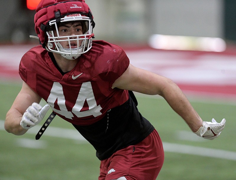 Kaden Henley at practice Thursday April 7, 2022 at the University of Arkansas in Fayetteville.  Visit nwaonline.com/220408Daily/ for daily galleries.  (NWA Democrat-Gazette/J.T. Wampler).