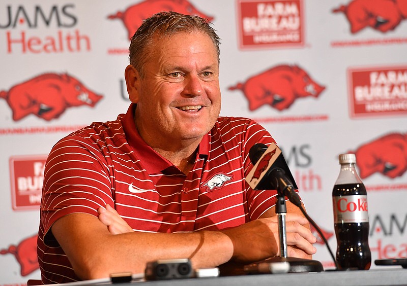 Arkansas Coach Sam Pittman said when the Razorbacks begin fall practice Friday that he will have demanding expectations. “I want us to be sharp as a coaching staff,” he said. “I want to be sharp as players.”
(NWA Democrat-Gazette/Andy Shupe)