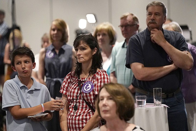 People backing a constitutional amendment to remove abortion protections from the Kansas Constitution attend a watch party Tuesday in Overland Park, Kan., as the proposal was voted down.
(AP/Charlie Riedel)