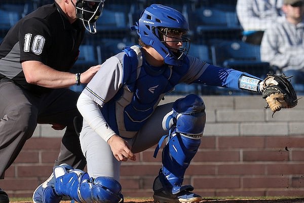 Valley View catcher Lawson Ward receives a pitch during a game against Little Rock Christian on Friday, April 1, 2022, in Little Rock.