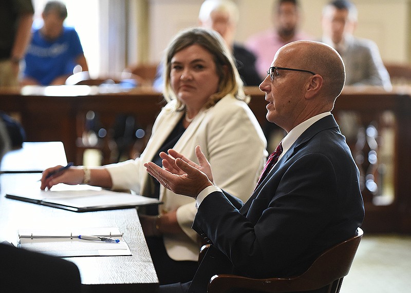 Attorney Steve Lancaster, counsel for the Responsible Growth Arkansas committee, answers questions for the Board of Election Commissioners at the state Capitol on Wednesday. “We have known from the beginning that this was going to end up in the Supreme Court, so this is not a surprise,” Lancaster said after the panel rejected his group’s ballot title and popular name.
(Arkansas Democrat-Gazette/Staci Vandagriff)