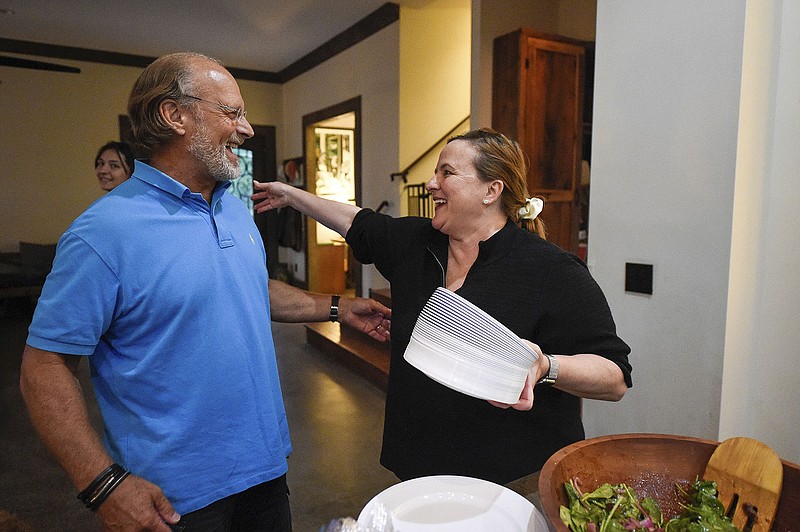 State Sen. Heidi Campbell, the Democratic nominee for Tennessee’s 5th Congressional District, hugs her friend Cal Cobb at a watch party Thursday night at her home in Nashville, Tenn. 
(AP/The Tennessean/Abbey Cutrer)