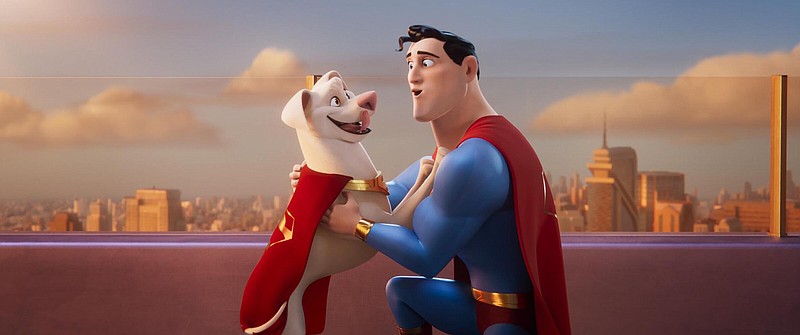 Krytpo (voiced by Dwayne Johnson) and best friend Supes (John Krasinski) celebrate their box office win in “DC League of Super-Pets,” an animated family film from Warner Bros., which took the No. 1 spot and $23 million last week.