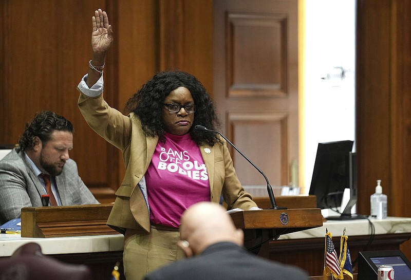 Rep. Renee Pack speaks before a vote is held on Senate Bill 1 during a special session Friday at the Indiana Statehouse in Indianapolis.
(AP/The Indianapolis Star/Jenna Watson)