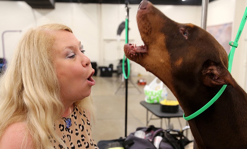 Jeanne Field-Miller of Texarkana, Texas, howls with her Doberman, Sami, during the 2019 Arkansas Kennel Club dog show at the Arkansas State Fair Grounds in Little Rock. The dog show returns to the Fair Grounds Aug. 12-14. Details are on Facebook, search for Arkansas Kennel Club.
(Democrat-Gazette file photo/Thomas Metthe)