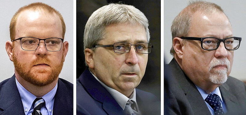 FILE - This photo combo shows, from left to right, Travis McMichael, William "Roddie" Bryan, and Gregory McMichael during their trial at at the Glynn County Courthouse in Brunswick, Ga. (Pool via AP, File)