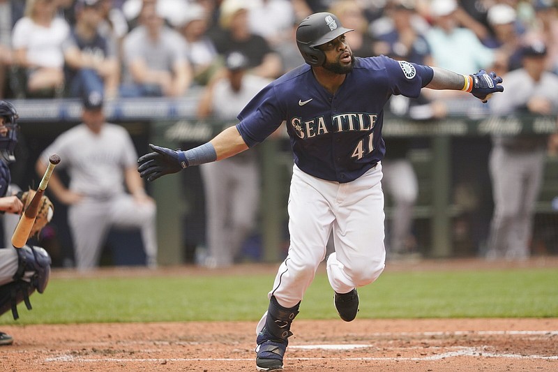 Carlos Santana snapped an 0-for-17 slump with a go-ahead two-run home run during Seattle’s three-run seventh inning, and the Mariners rallied to beat the slumping New York Yankees 4-3 on Wednesday at T-Mobile Park in Seattle. The Mariners took two of three from the Yankees for the second consecutive week to win the season series 4-2. 
(AP/Ted S. Warren)