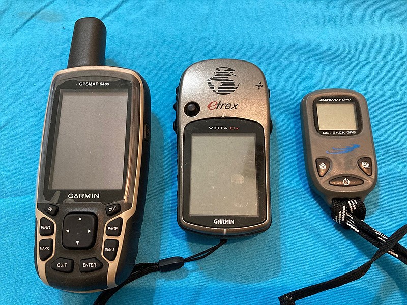 The Garmin GPS Map SX (left) has a better receiver, antenna and base map than the Garmin eTrex Vista CX, which it replaced in the author’s kit. The Brunton Get Back is a basic unit that enables a user to return to a starting point.
(Arkansas Democrat-Gazette/Bryan Hendricks)