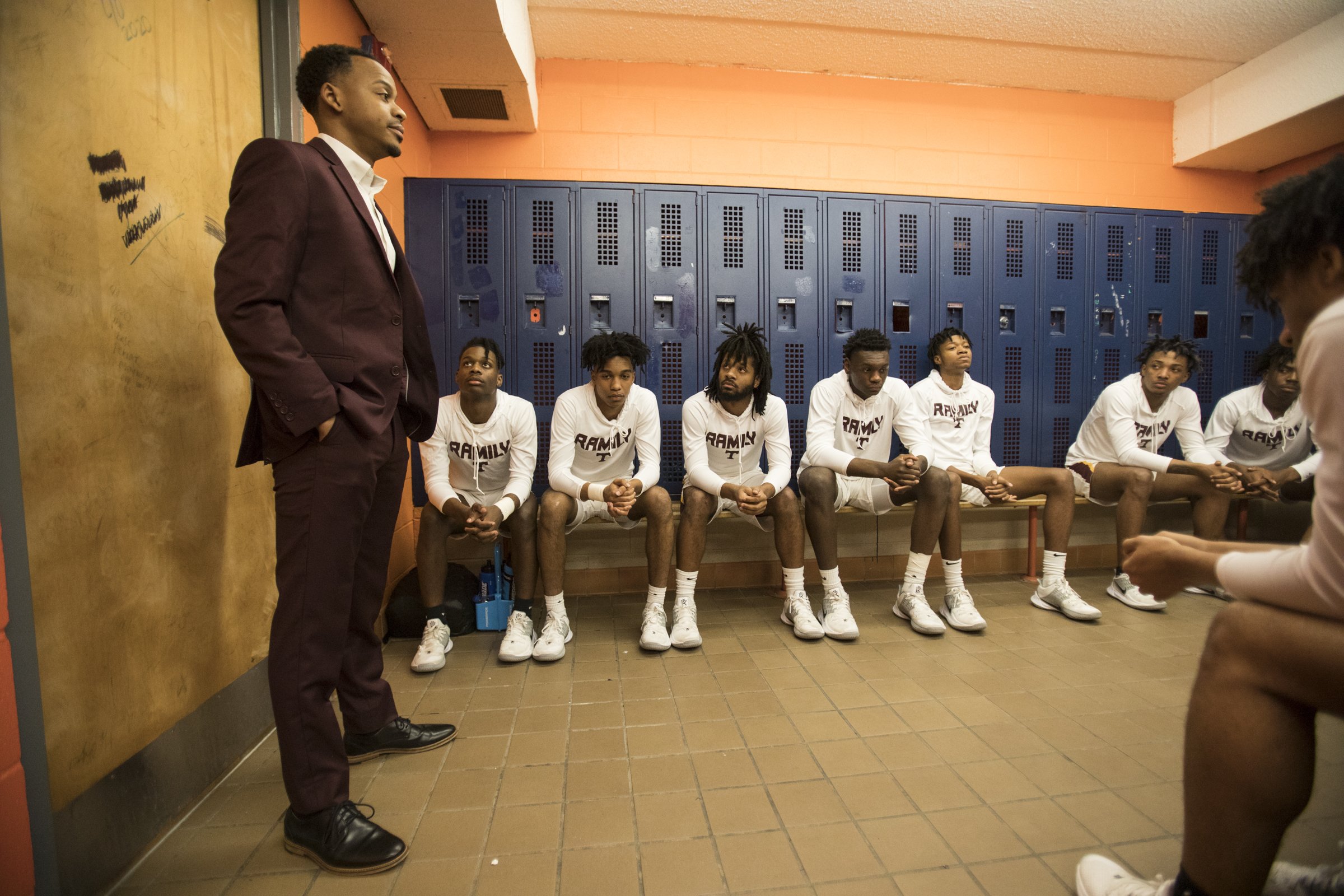Staff photo by Troy Stolt / Tyner head coach E'Jay Ward speaks with his team before the start of the Region 3-AA boys basketball championship game between Tyner and Howard at East Ridge high school on Thursday, March 5, 2020 in Chattanooga, Tenn.