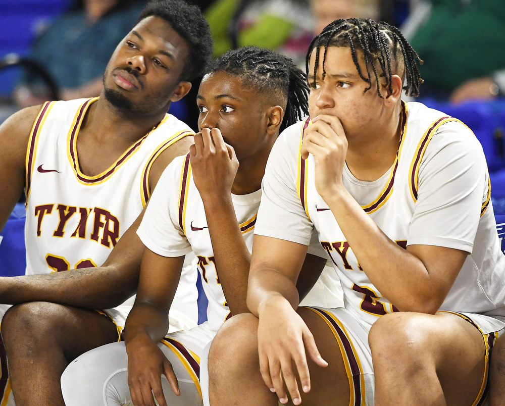 Staff Photo by Robin Rudd / Tyner's bench begins to look concerned as the Rams fall further behind. The Tyner Rams lost to the Milan Bulldogs, 59 to 41 in the TSSAA Class 2A semifinals of the BlueCross State Championships at Middle Tennessee State University's Murphy Center on March 17, 2022.