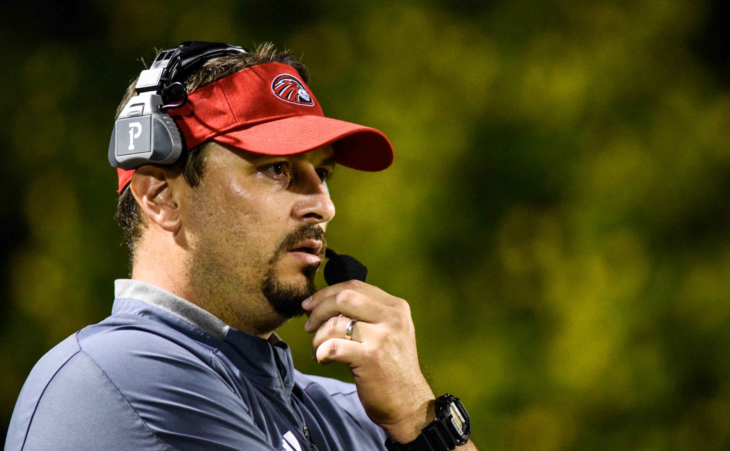 Photo by Cade Deakin/ Signal MountainÕs Head Coach Josh Roberts looks on during the first half. The Signal Mountain Eagles visited the East Ridge Pioneers in TSSAA football action on September 27, 2019.